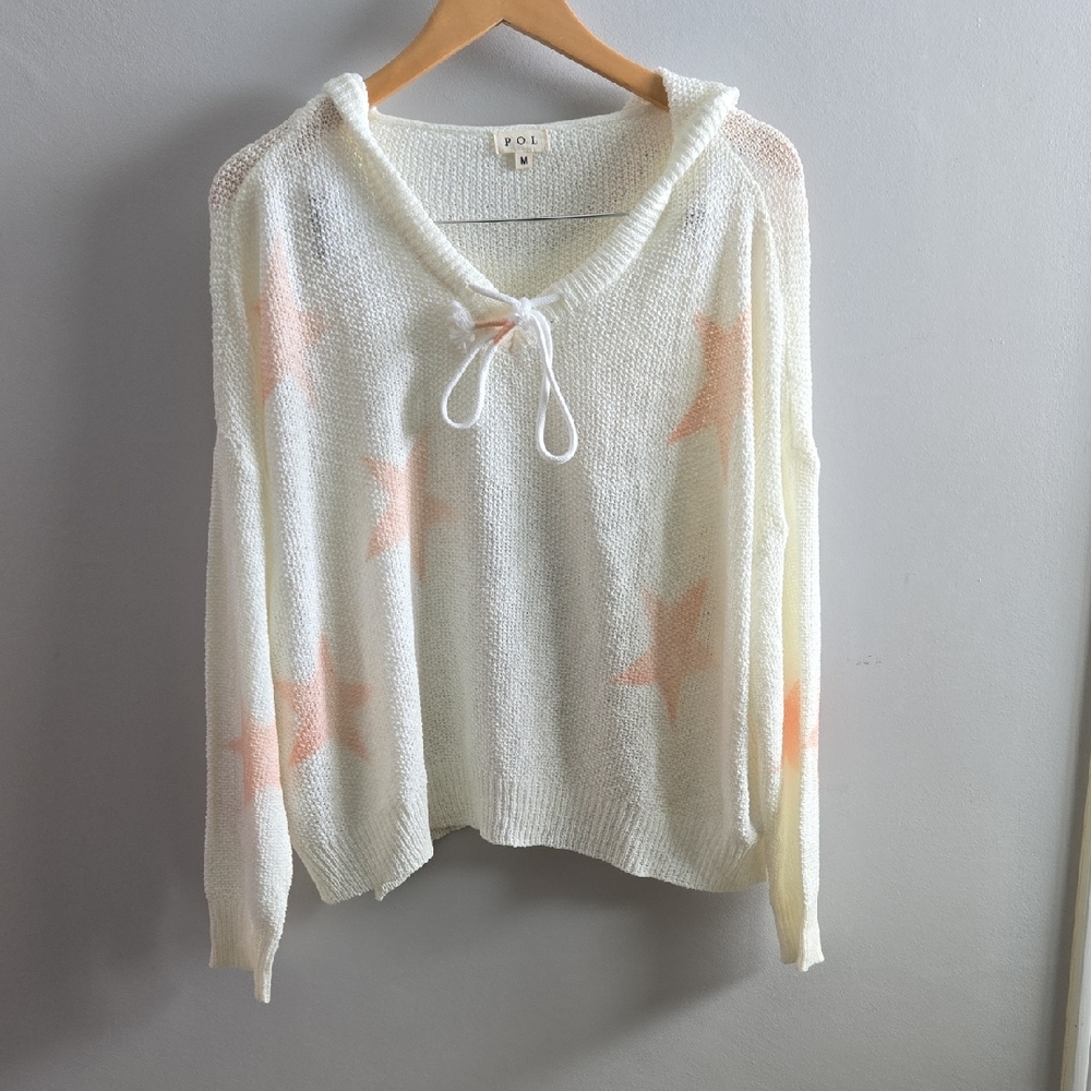 POL Lightweight Knit Sweater Off White Pink Stars Size Medium